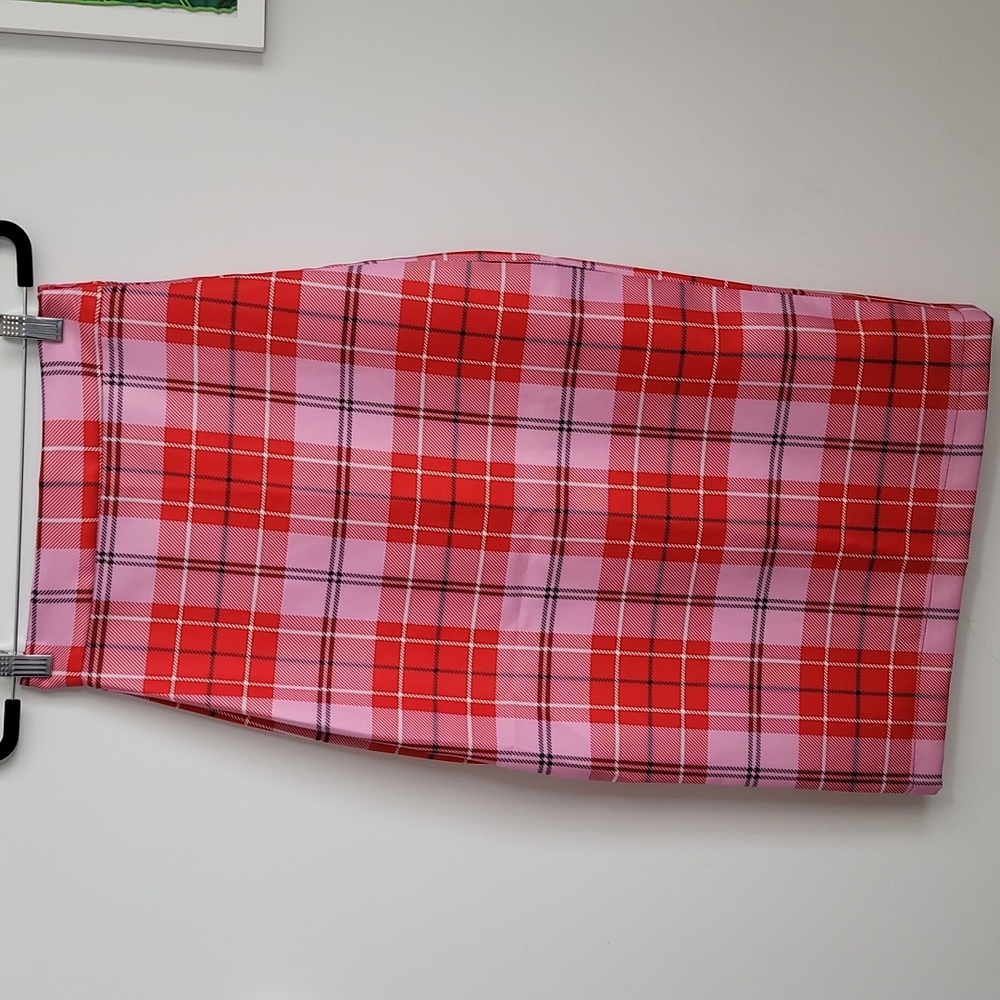 Pink Reddish Orange Plaid Midi Skirt. Size XS